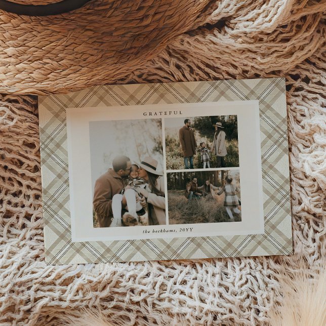 Soft Beige Gingham 'Grateful' Photo Holiday Card (Creator Uploaded)
