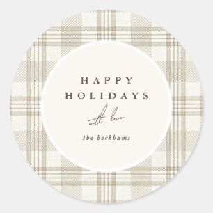Soft Beige Gingham Happy Holidays Classic Round Sticker