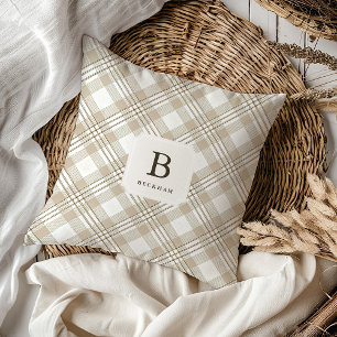 Soft Beige Gingham Monogram Festive Cushion