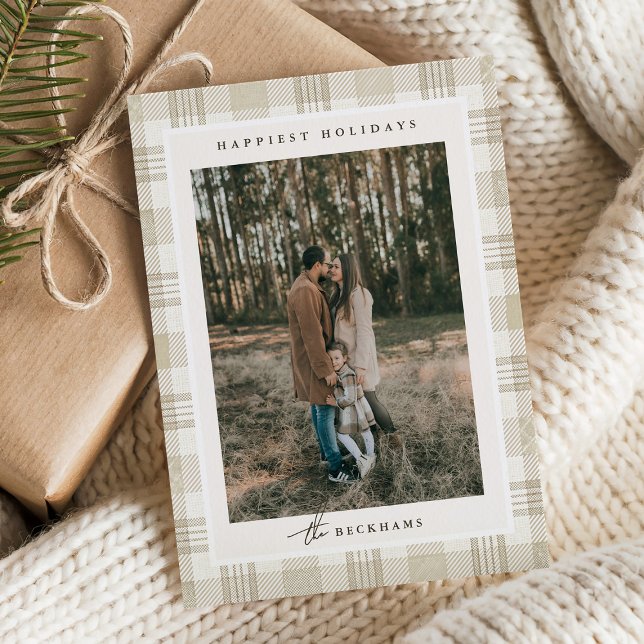 Soft Beige Gingham Photo Christmas Holiday Card (Creator Uploaded)