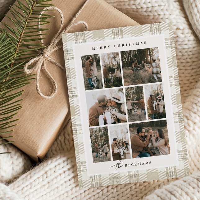 Soft Beige Gingham Photo Collage Holiday Card (Creator Uploaded)