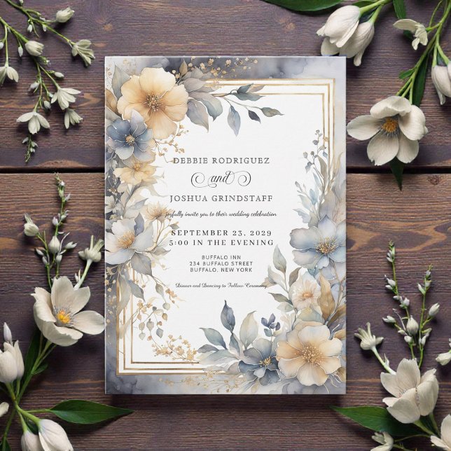 Soft Beige & Gray Floral Frame Wedding Invitation  (Creator Uploaded)