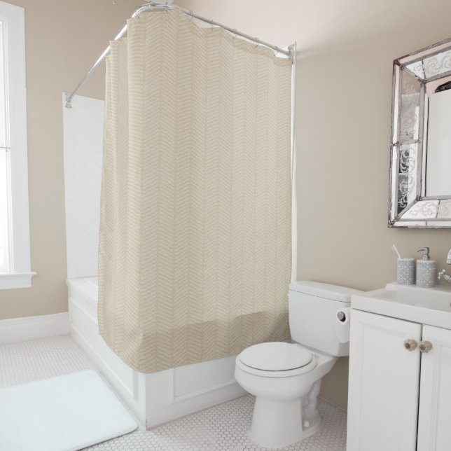 Soft Beige Herringbone Pattern Shower Curtain (In Situ)