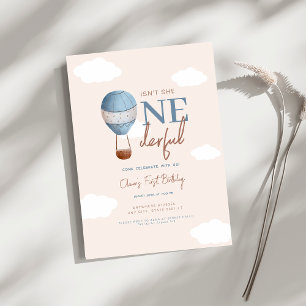 Soft Beige hot Air Ballon Onederful 1st Birthday Invitation