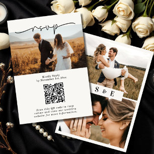 Soft Beige Minimalist Script QR code Photo Wedding RSVP Card