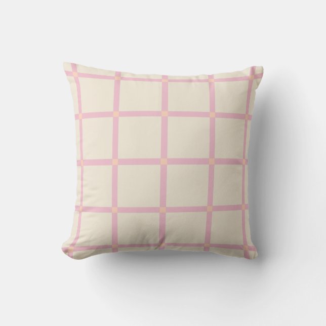 Soft Beige & Pink Grid Pattern Cushion (Front)