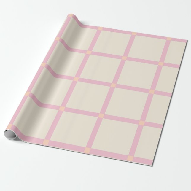 Soft Beige & Pink Grid Pattern Wrapping Paper (Unrolled)