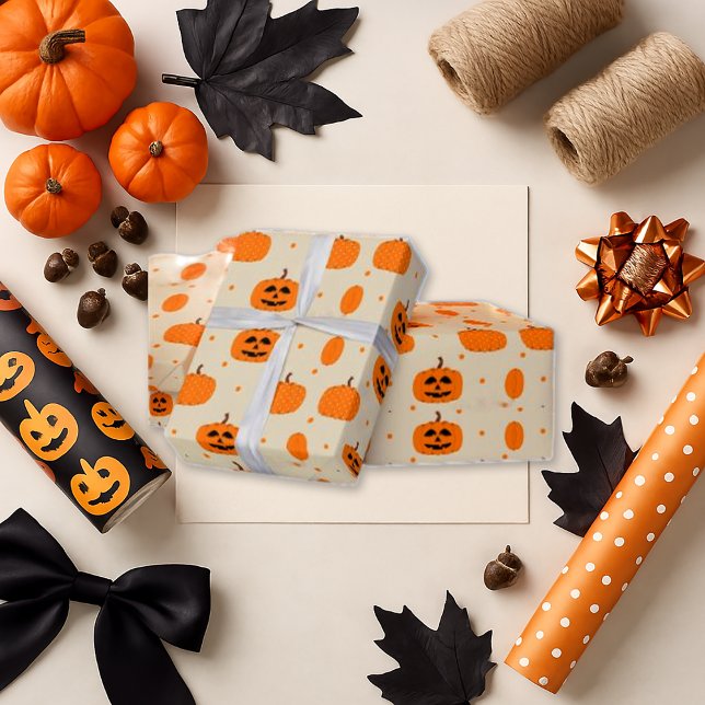 Soft Beige Playful Pumpkin Halloween Wrapping Paper (Creator Uploaded)