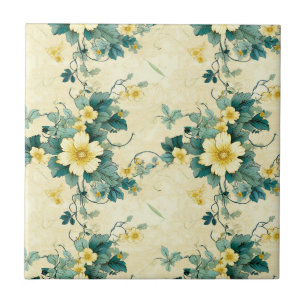 Soft Beige Teal Daisy Cottage Floral Tile