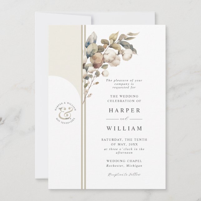 soft beige watercolor cotton & eucalyptus wedding invitation (Front)