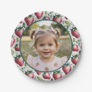 Soft Berry Sweet Strawberry Birthday Photo Paper Plate