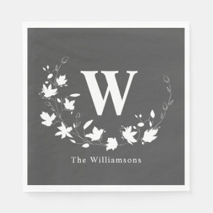 Soft Black Grey Floral Monogram Custom Family Name Napkin