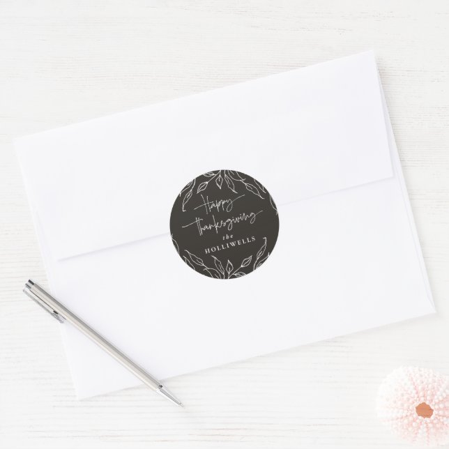 Soft Black Leaf Motif Personalised Thanksgiving Classic Round Sticker (Envelope)