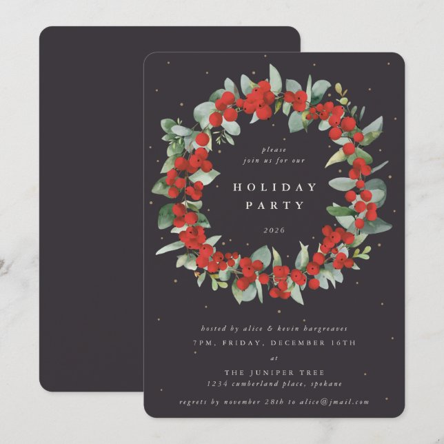 Soft Black Red Berries+Eucalyptus Christmas Party Invitation (Front/Back)