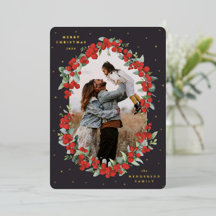 Soft Black Red Berries+Eucalyptus Christmas Photo Foil Holiday Card