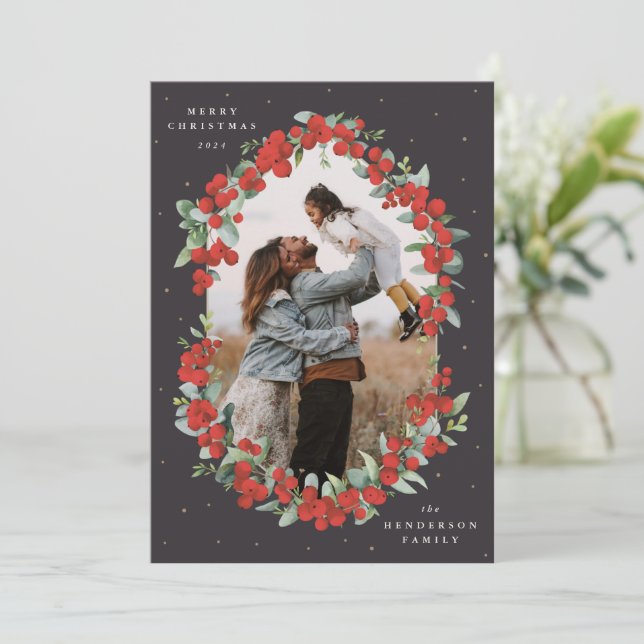 Soft Black Red Berries+Eucalyptus Christmas Photo Holiday Card (Standing Front)