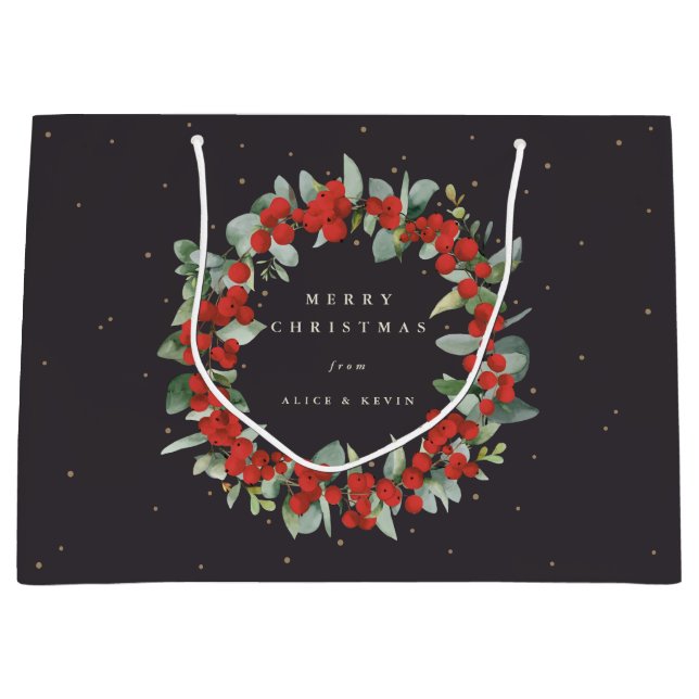 Soft Black Red Berry+Eucalyptus Christmas/Holiday Large Gift Bag (Front)