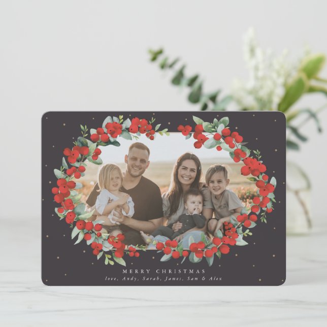 Soft Black Red Berry + Eucalyptus Christmas Photo Holiday Card (Standing Front)