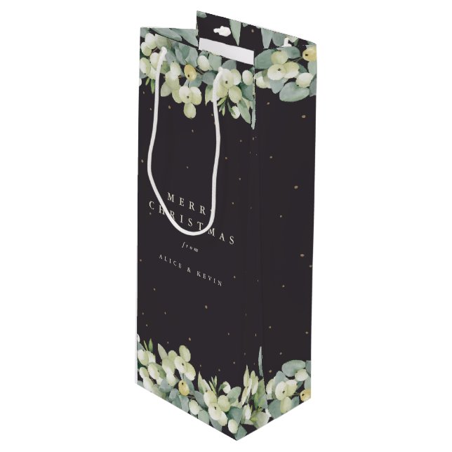 Soft Black Snowberry+Eucalyptus Christmas/Holiday Wine Gift Bag (Front Angled)
