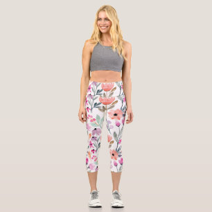 Soft Bloom Watercolor Flower Pattern Pastel Capri Leggings