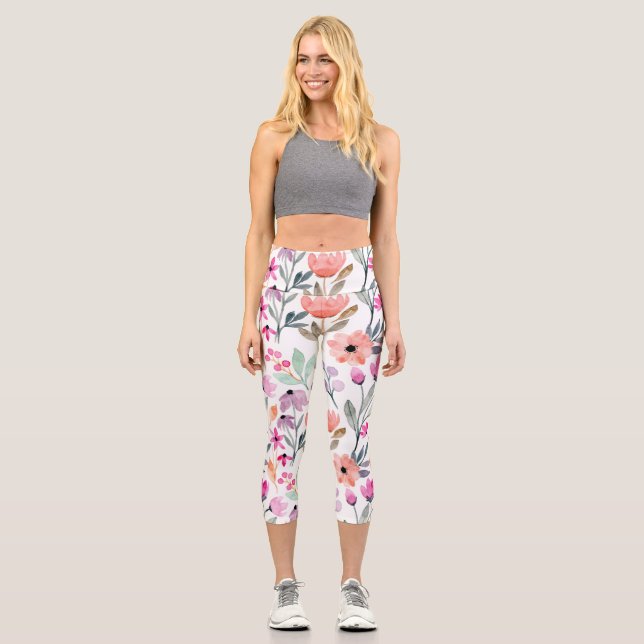 Soft Bloom Watercolor Flower Pattern Pastel  Capri Leggings (Front)