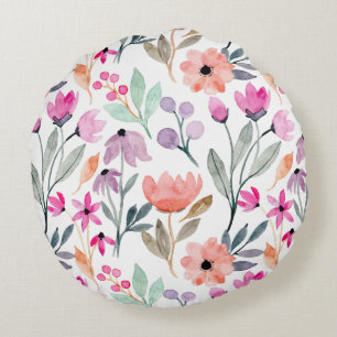 Soft Bloom Watercolor Flower Pattern Pastel Hues Round Cushion