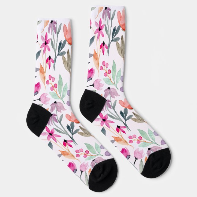 Soft Bloom Watercolor Flower Pattern Pastel  Socks (Right)