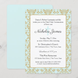 Soft Blue and Gold Damask First Communion Invitation