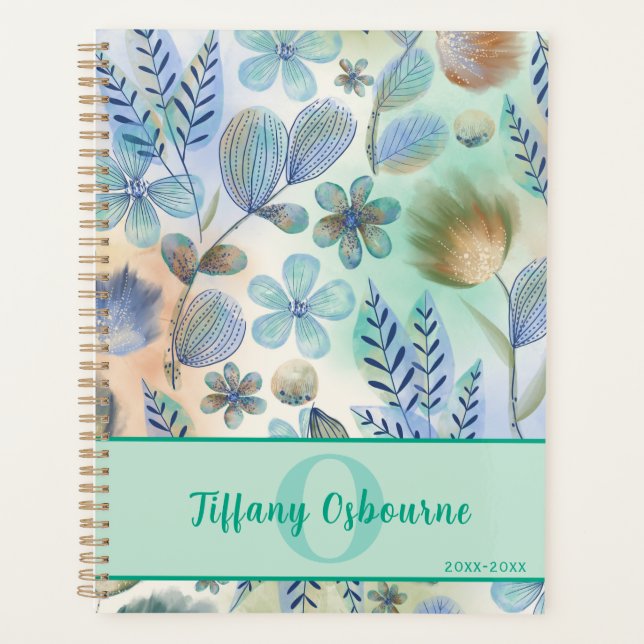 Soft Blue and Green Watercolor Floral Pattern Planner (Front)