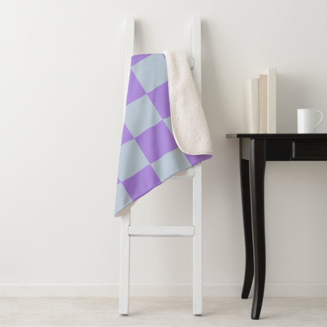 Soft Blue and Lavender Chequered Sherpa Blanket (In Situ)