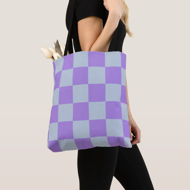 Soft Blue and Lavender Chequered Tote Bag (Close Up)