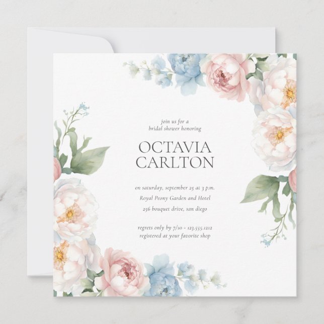 Soft Blue and Pink Flowers classic Bridal Shower Invitation (Front)