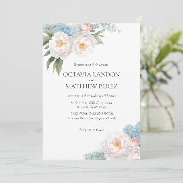 Soft Blue and Pink Flowers classic QR CODE RSVP  Invitation (Standing Front)