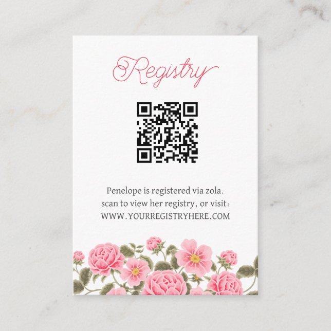 Soft Blue and Pink FLOWERS QRCODE REGISTRY Enclosure Card (Front)