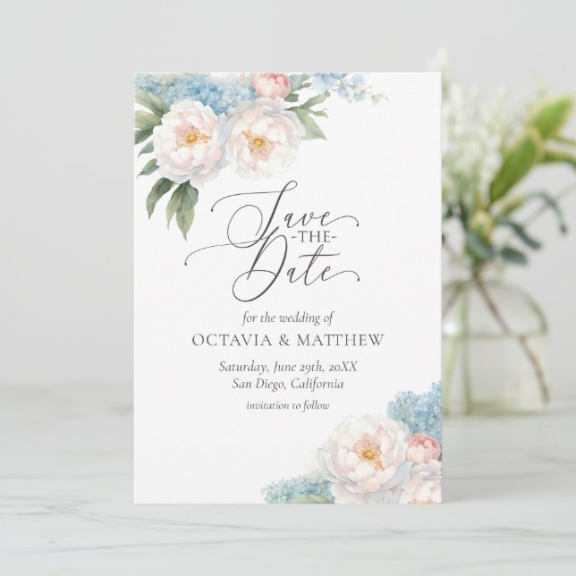 Soft Blue and Pink Flowers Script WEDDING  Save The Date (Standing Front)