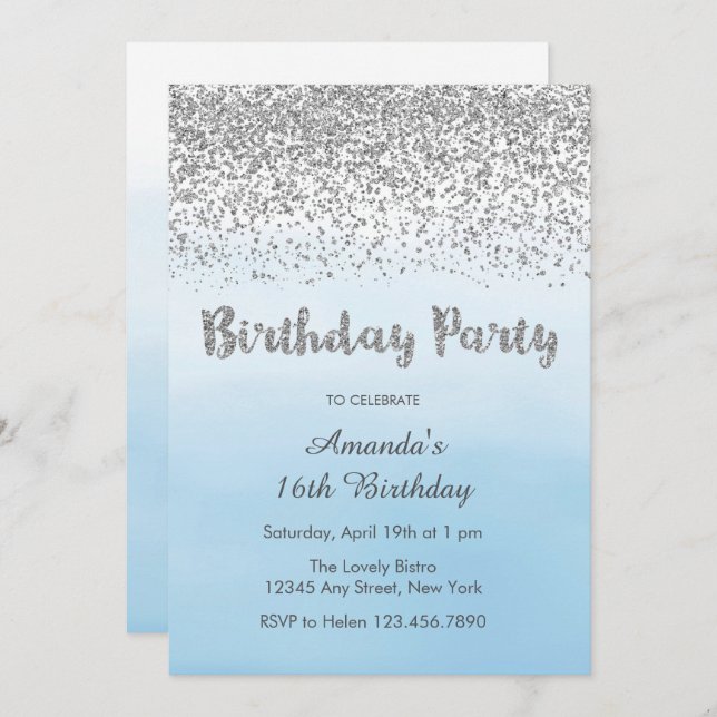 Soft Blue and Silver Birthday Invitation (Front/Back)