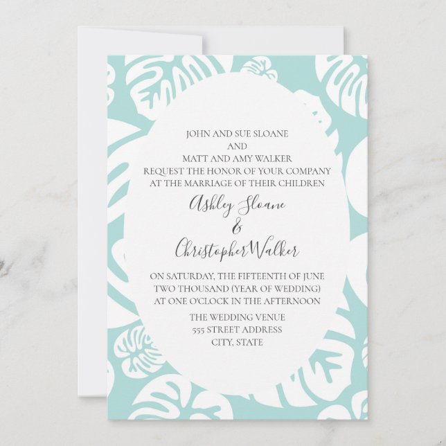 Soft Blue and White Tropical Leaves Wedding Invitation (Front)