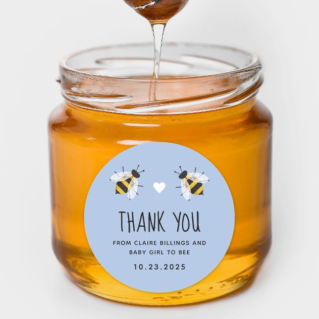 Soft Blue Baby to Bee Shower Thank You Classic Round Sticker (Sky blue round sticker for a Baby to Bee baby shower honey themed favor)