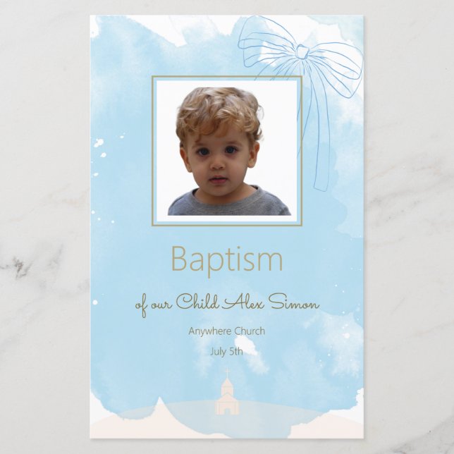 Soft Blue Baptism Menu with Gold Accents (Front)