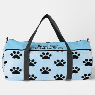 Soft Blue Black Paw Print Monogram Personalise Duffle Bag