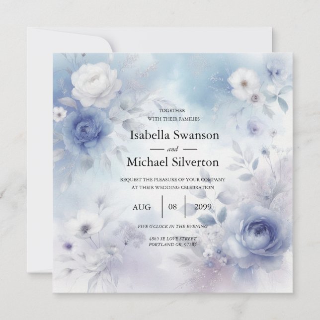 Soft Blue Blossoms and Lavender Mist Wedding Invitation (Front)