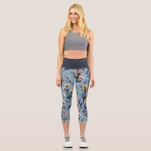 Soft Blue Bohemian Floral Watercolor Capri Leggings