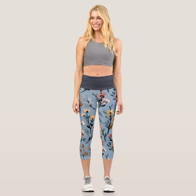 Soft Blue Bohemian Floral Watercolor Capri Leggings (Front)