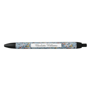 Soft Blue Boho Watercolor Botanical Custom Black Ink Pen
