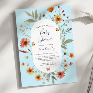 Soft Blue Boho Watercolor Wildflowers Baby Shower Invitation