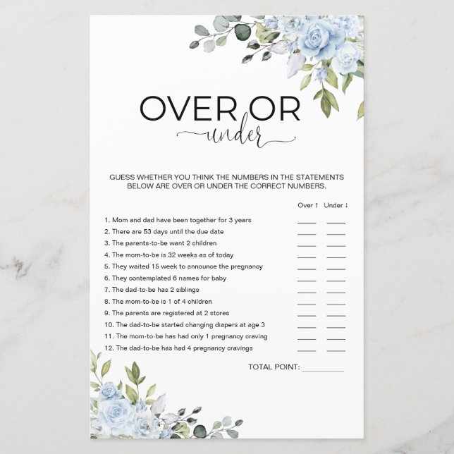 Soft Blue Botanical Baby Shower Over or Under Game (Front)