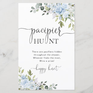 Soft Blue Botanical Baby Shower Pacifier Hunt Game