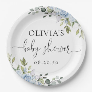 Soft Blue Botanical Baby Shower Paper Plate