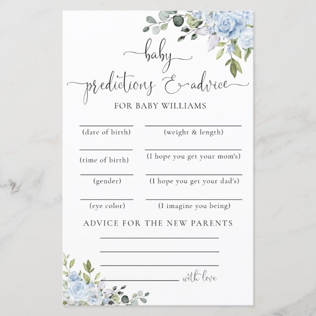 Soft Blue Botanical Baby Shower Predictions Card (Front)