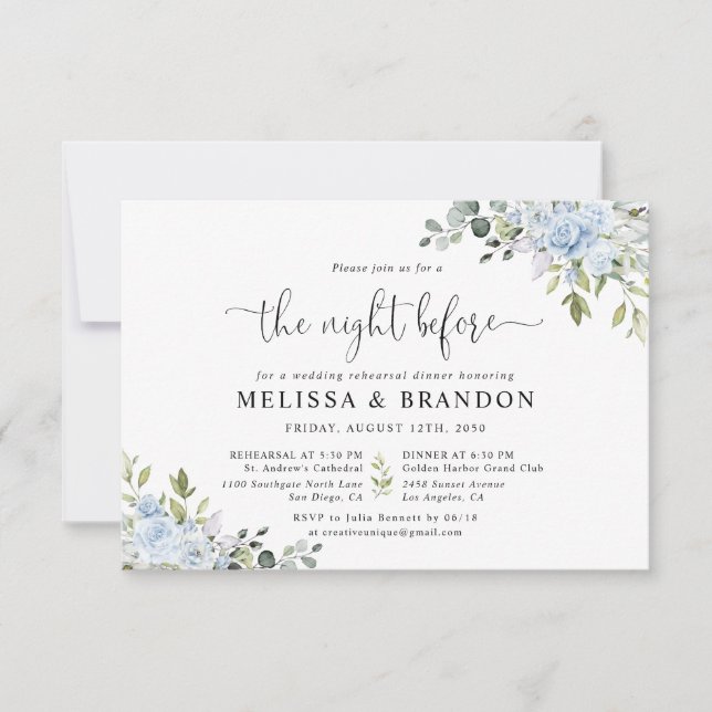 Soft Blue Botanical Rehearsal Dinner Invitation (Front)